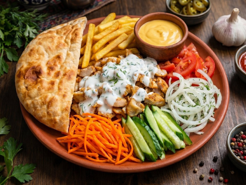 Шаверма сырная на тарелке из куриного шашлыка