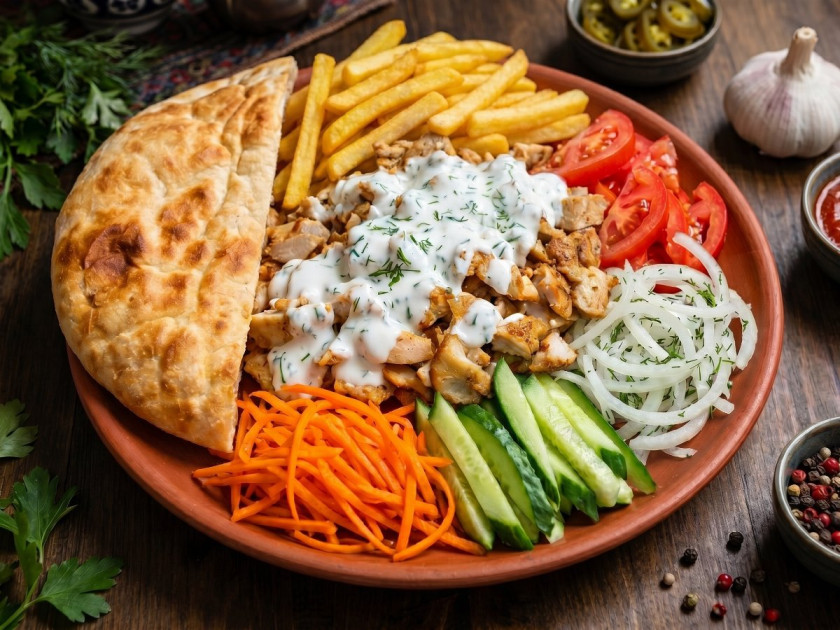 Шаверма ДВОЙНАЯ на тарелке куриная